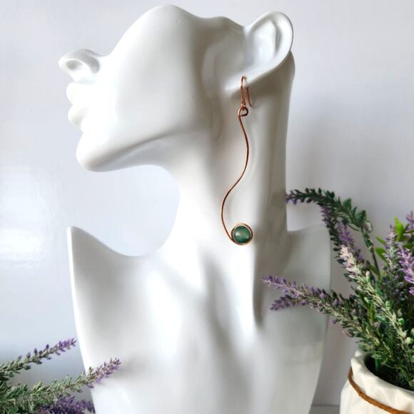 Handmade Copper Wire Wrapped Natural Green Jade Earrings - Elegant, Minimalist - Picture 1 of 8